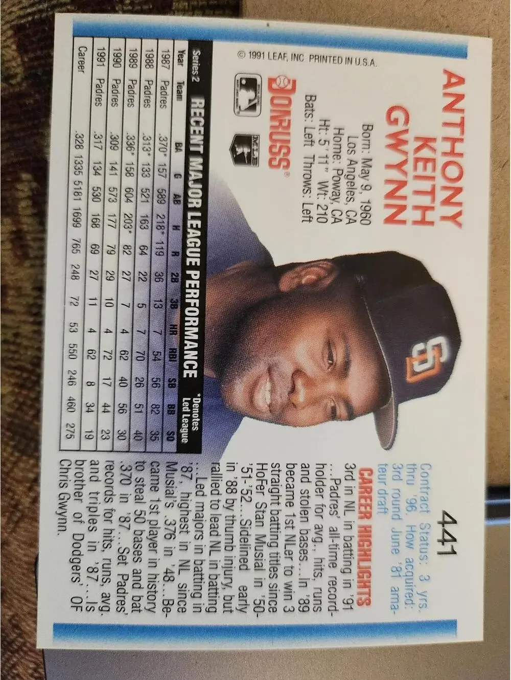 1992 Donruss #441 Tony Gwynn - NM-MT San Diego Padres HOF